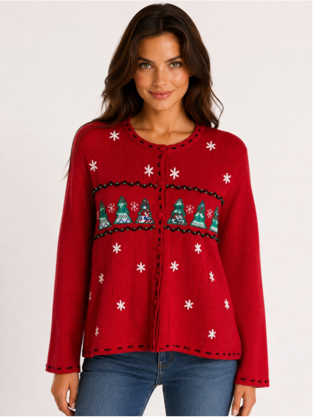 Vintage Christmas Tree Sweater Cardigan Pappagallo Embroidered Holiday Kitschy